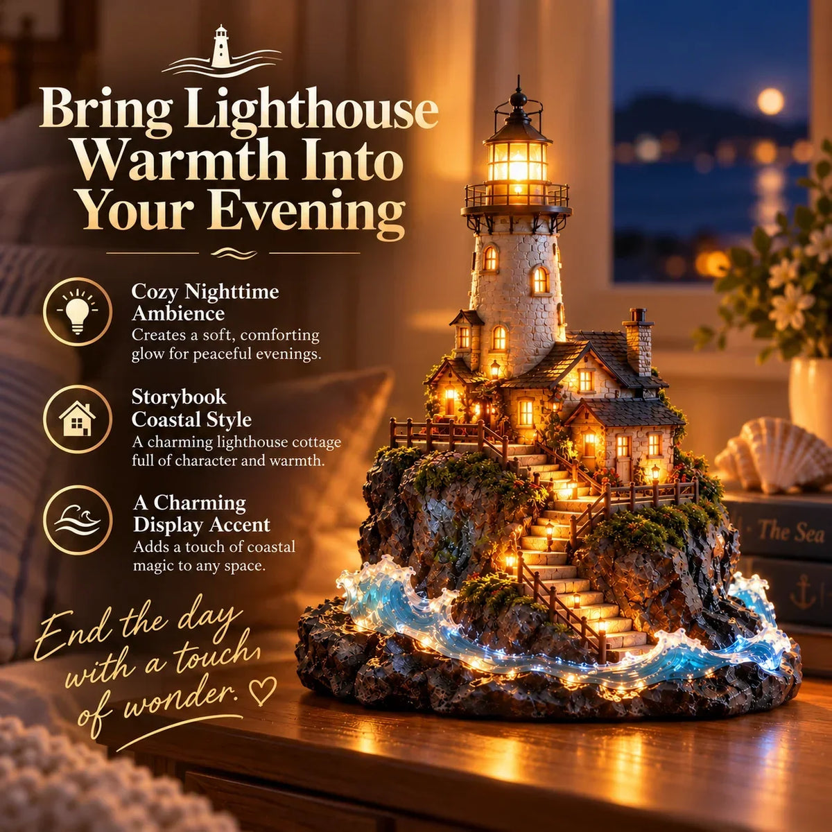 Illuminated Coastal Lighthouse Scene | Warm Seaside Tabletop D cor