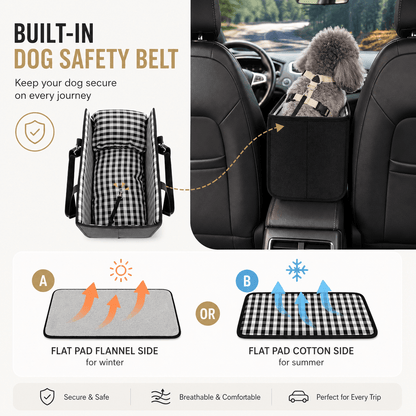 Foldable Center Console Dog Car Seat with Safety Leash & Anti-Slip Base