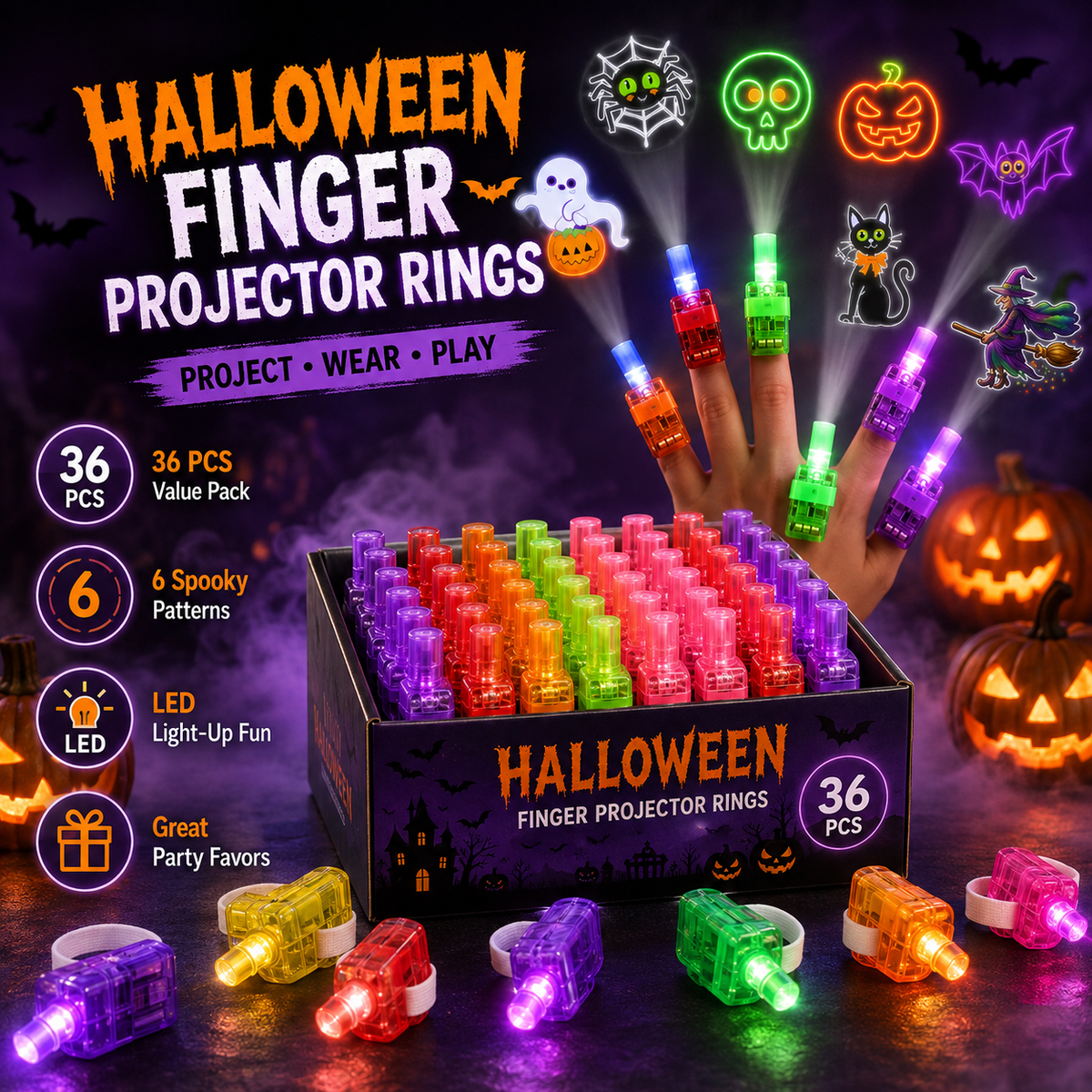Halloween Finger Projector Rings 36 PCS LED Light-Up Party Favors | Family Fun, Friend Gatherings & Trick-or-Treat