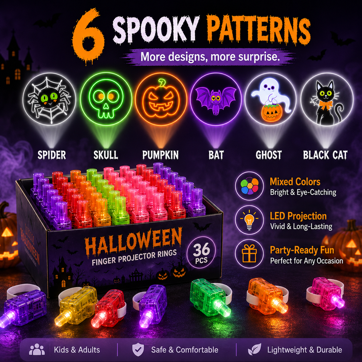 Halloween Finger Projector Rings 36 PCS LED Light-Up Party Favors | Family Fun, Friend Gatherings & Trick-or-Treat