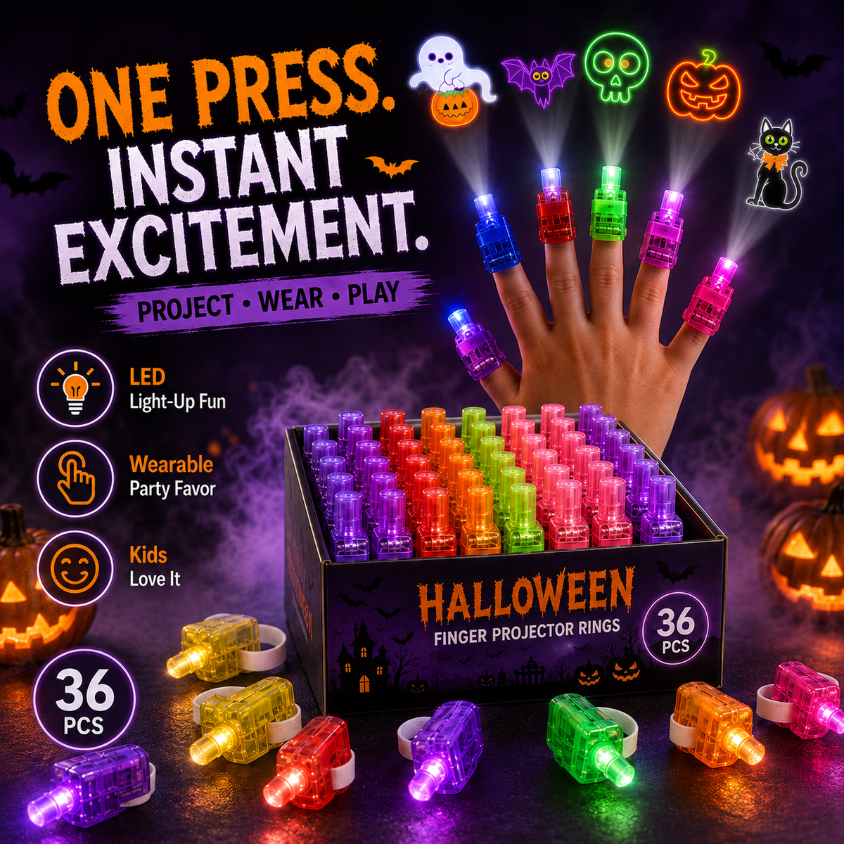 Halloween Finger Projector Rings 36 PCS LED Light-Up Party Favors | Family Fun, Friend Gatherings & Trick-or-Treat