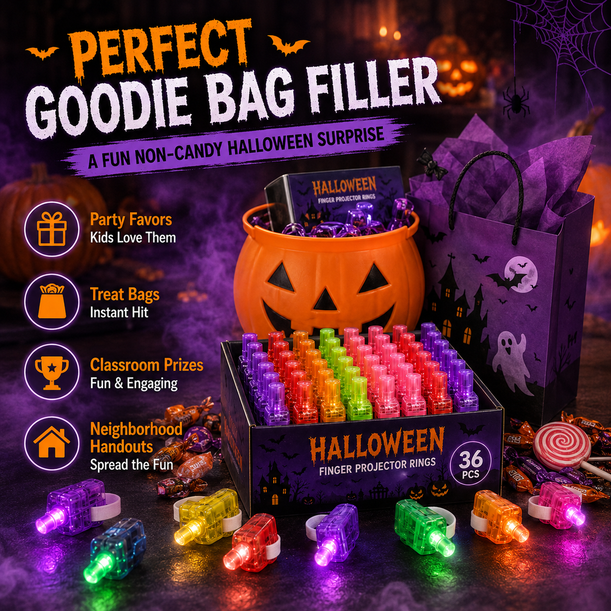 Halloween Finger Projector Rings 36 PCS LED Light-Up Party Favors | Family Fun, Friend Gatherings & Trick-or-Treat