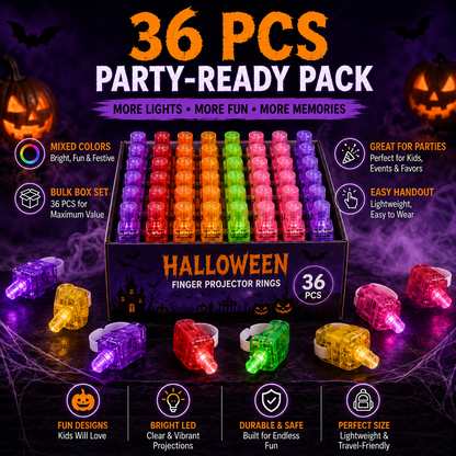 Halloween Finger Projector Rings 36 PCS LED Light-Up Party Favors | Family Fun, Friend Gatherings & Trick-or-Treat