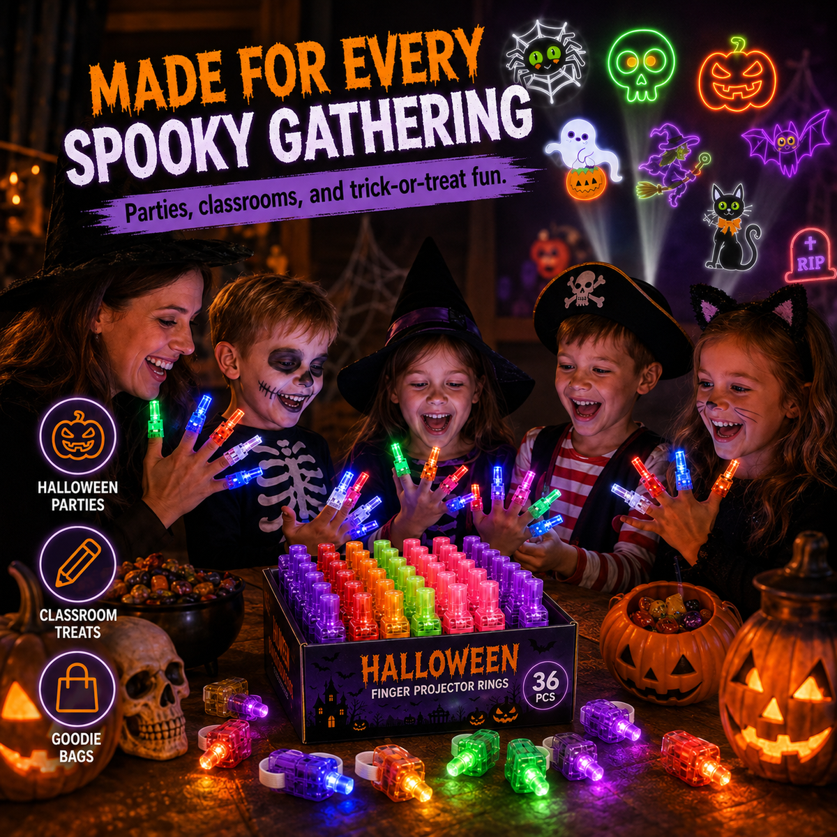 Halloween Finger Projector Rings 36 PCS LED Light-Up Party Favors | Family Fun, Friend Gatherings & Trick-or-Treat