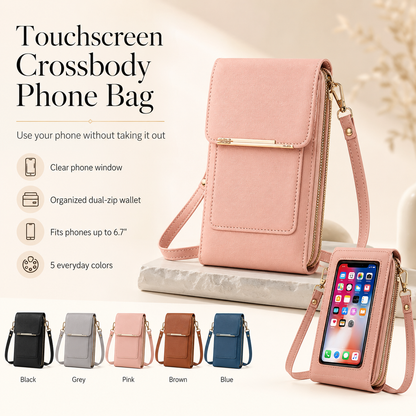 Touchscreen Crossbody Phone Bag Use Your Phone Through the Clear Window, 3 Card Slots & Dual-Zipper Secure Storage