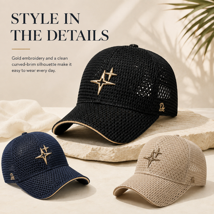 Full-Mesh Baseball Cap with Gold Star Embroidery Breathable Summer Hat, 6 Colors