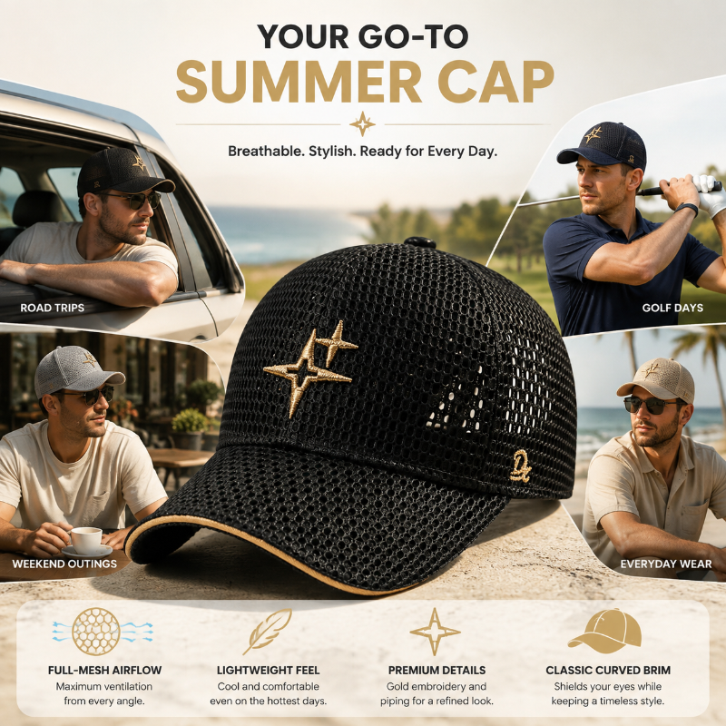 Full-Mesh Baseball Cap with Gold Star Embroidery Breathable Summer Hat, 6 Colors