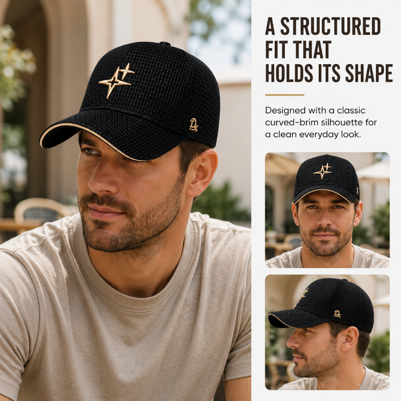 Full-Mesh Baseball Cap with Gold Star Embroidery Breathable Summer Hat, 6 Colors