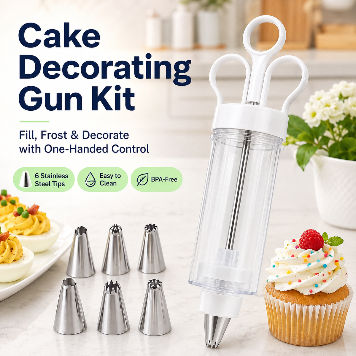 Stainless Steel Cake Decorating Gun Kit 6 Icing Nozzles & Pastry Piping Set for Cakes, Cupcakes & Desserts