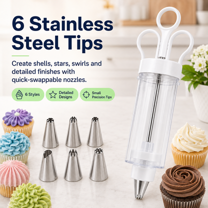 Stainless Steel Cake Decorating Gun Kit 6 Icing Nozzles & Pastry Piping Set for Cakes, Cupcakes & Desserts