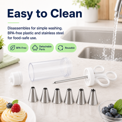 Stainless Steel Cake Decorating Gun Kit 6 Icing Nozzles & Pastry Piping Set for Cakes, Cupcakes & Desserts