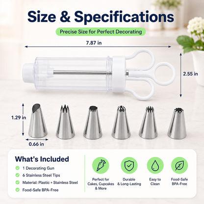 Stainless Steel Cake Decorating Gun Kit 6 Icing Nozzles & Pastry Piping Set for Cakes, Cupcakes & Desserts