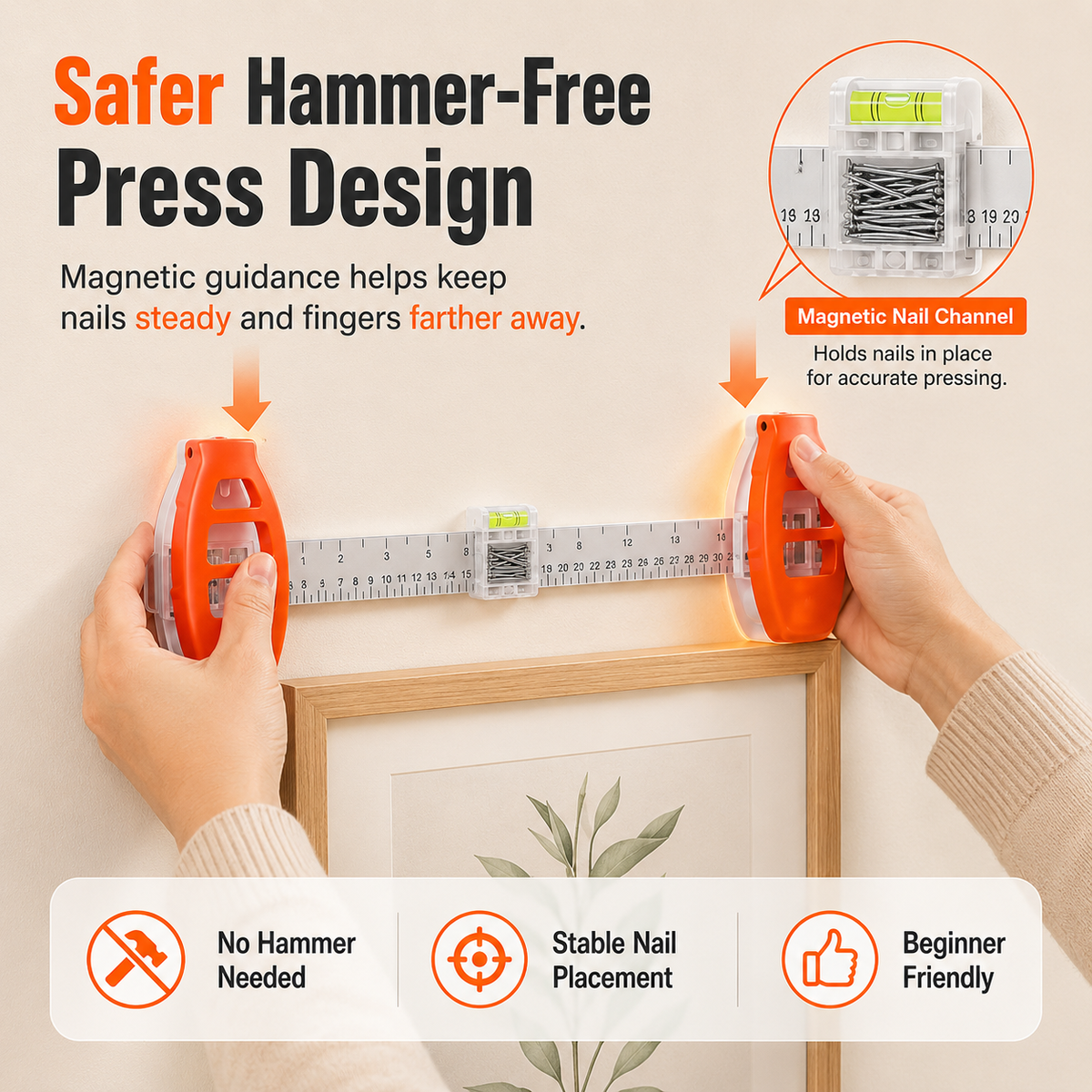 Magnetic 3-in-1 Picture Hanger Level & Hang, No Hammer Needed
