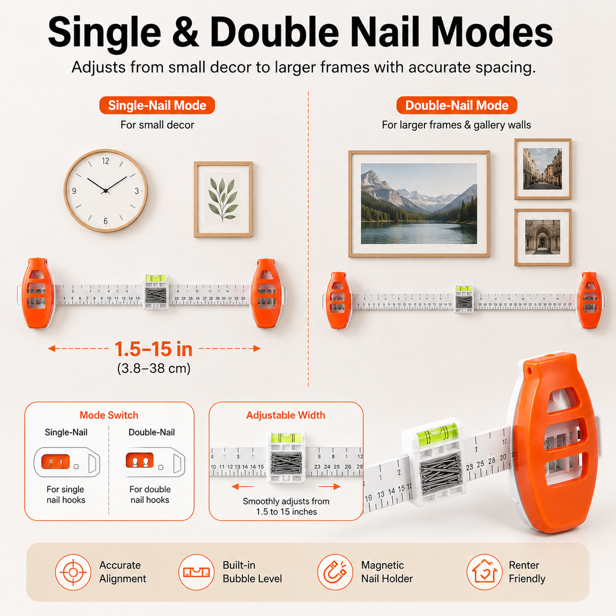Magnetic 3-in-1 Picture Hanger Level & Hang, No Hammer Needed