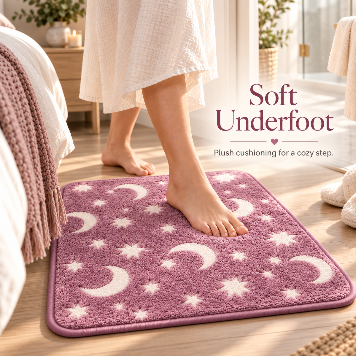 Glow-in-the-Dark Moon & Star Bathroom Mat Set 3 Piece Plush Set