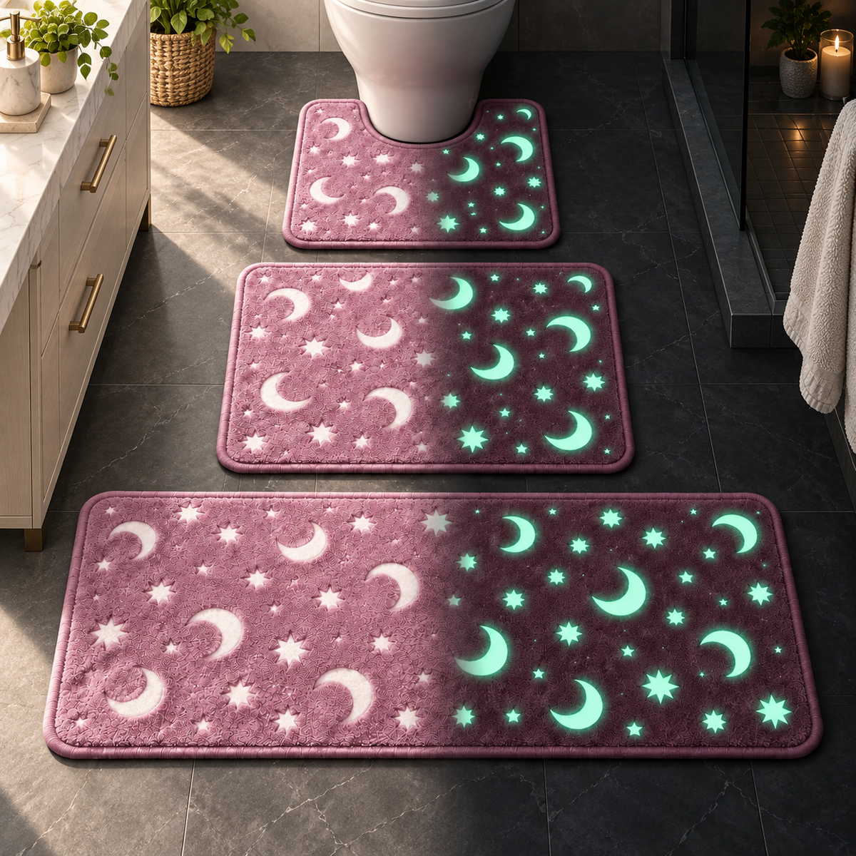 Glow-in-the-Dark Moon & Star Bathroom Mat Set 3 Piece Plush Set