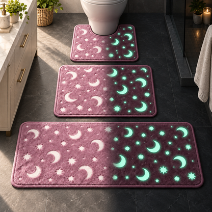 Glow-in-the-Dark Moon & Star Bathroom Mat Set 3 Piece Plush Set