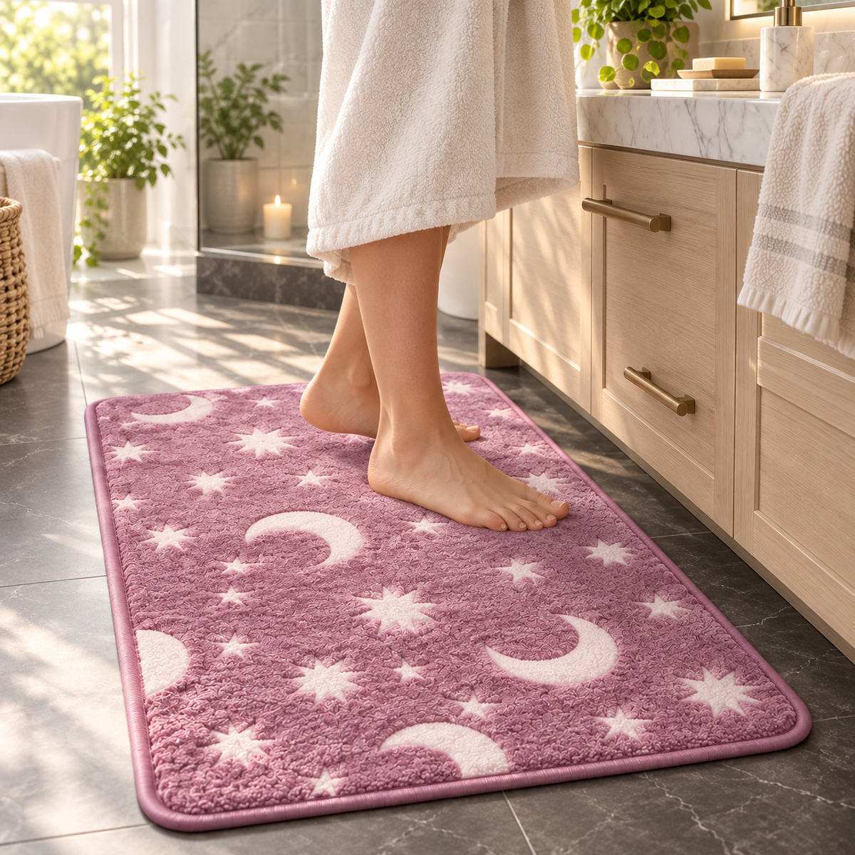 Glow-in-the-Dark Moon & Star Bathroom Mat Set 3 Piece Plush Set
