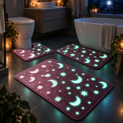 Glow-in-the-Dark Moon & Star Bathroom Mat Set 3 Piece Plush Set