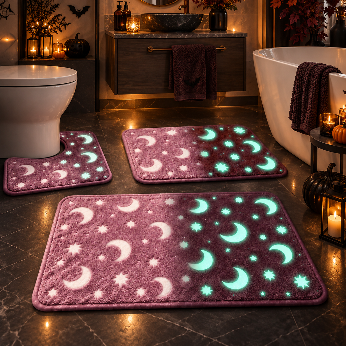 Glow-in-the-Dark Moon & Star Bathroom Mat Set 3 Piece Plush Set