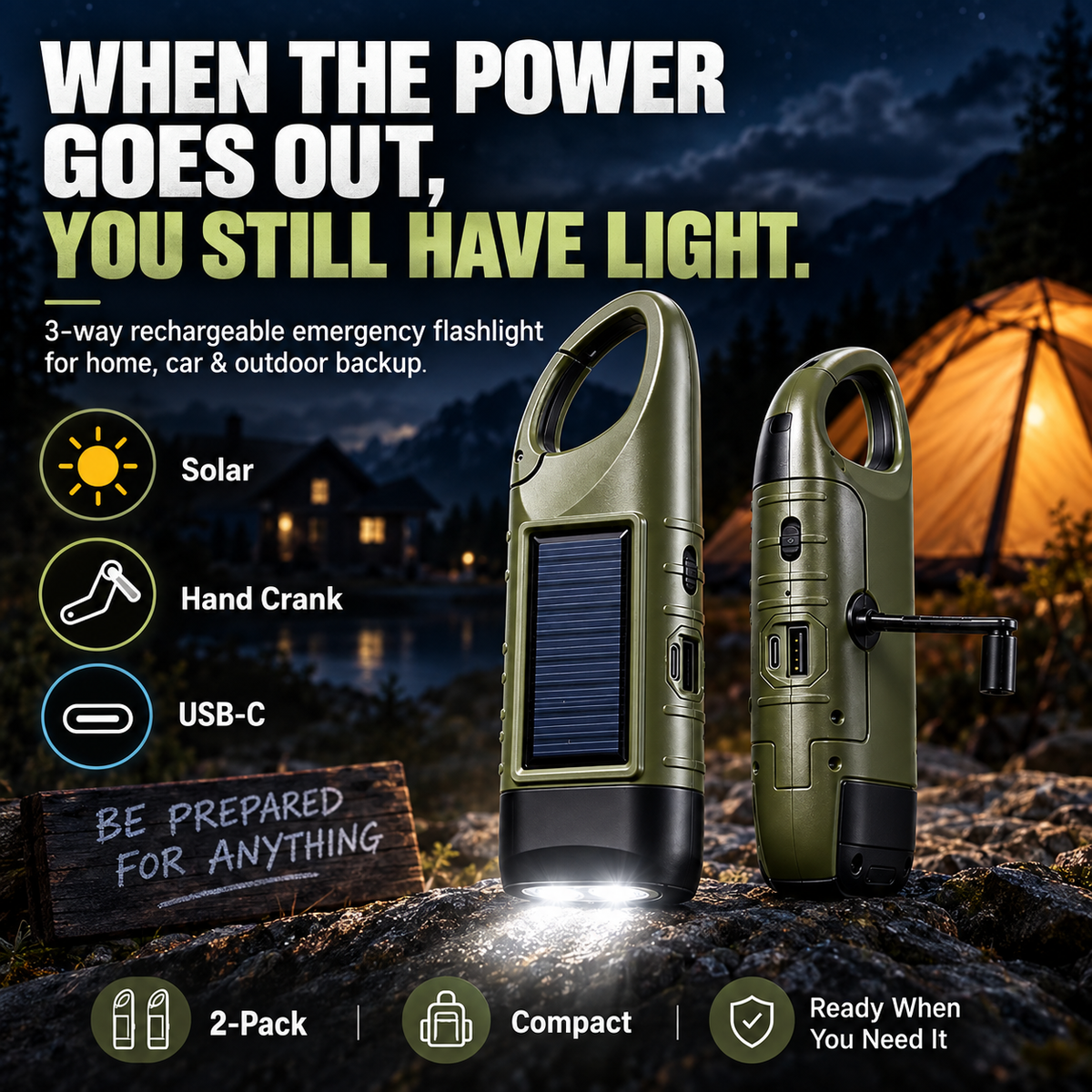 Solar Hand Crank Emergency Flashlights USB-C Rechargeable Outdoor Lights