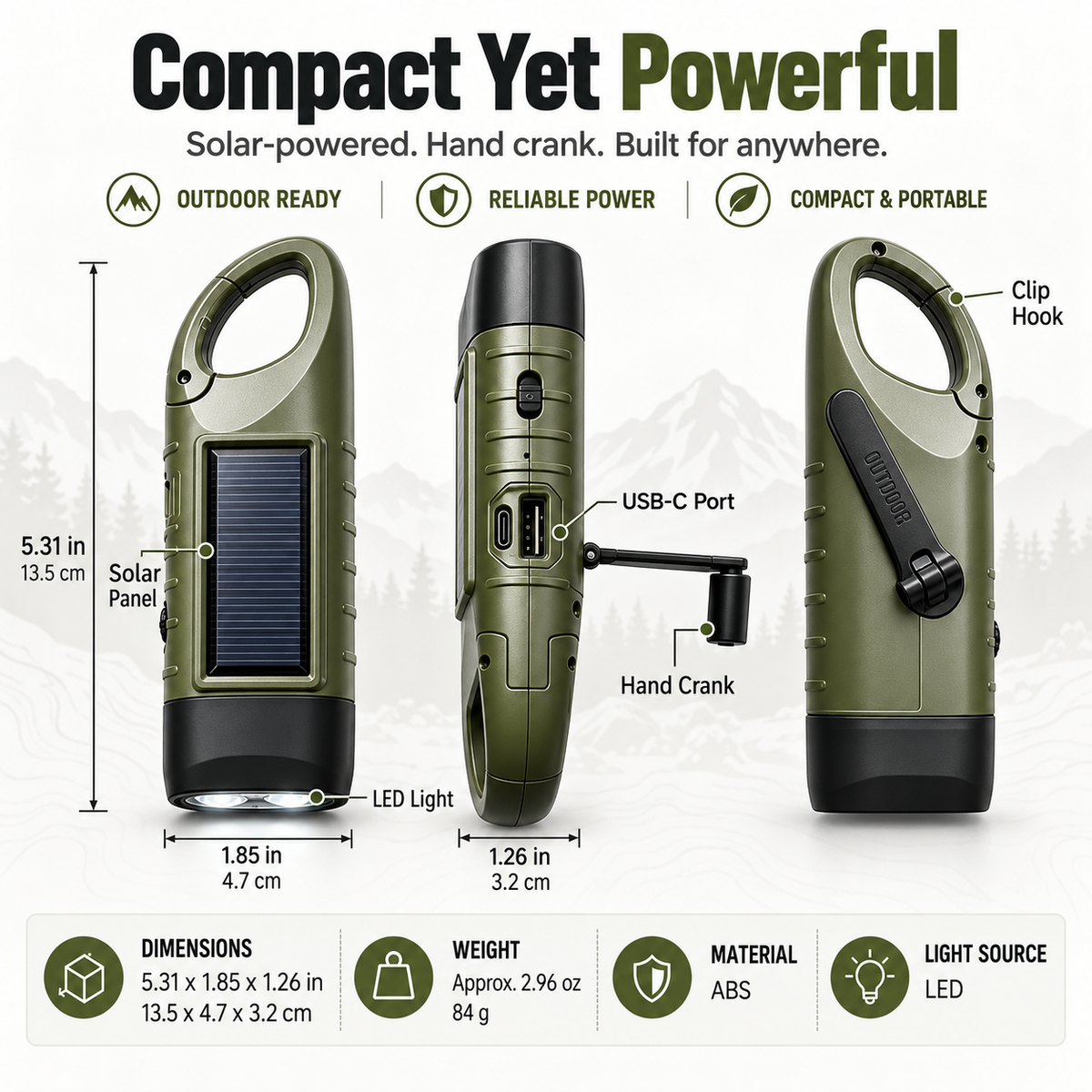 Solar Hand Crank Emergency Flashlights USB-C Rechargeable Outdoor Lights