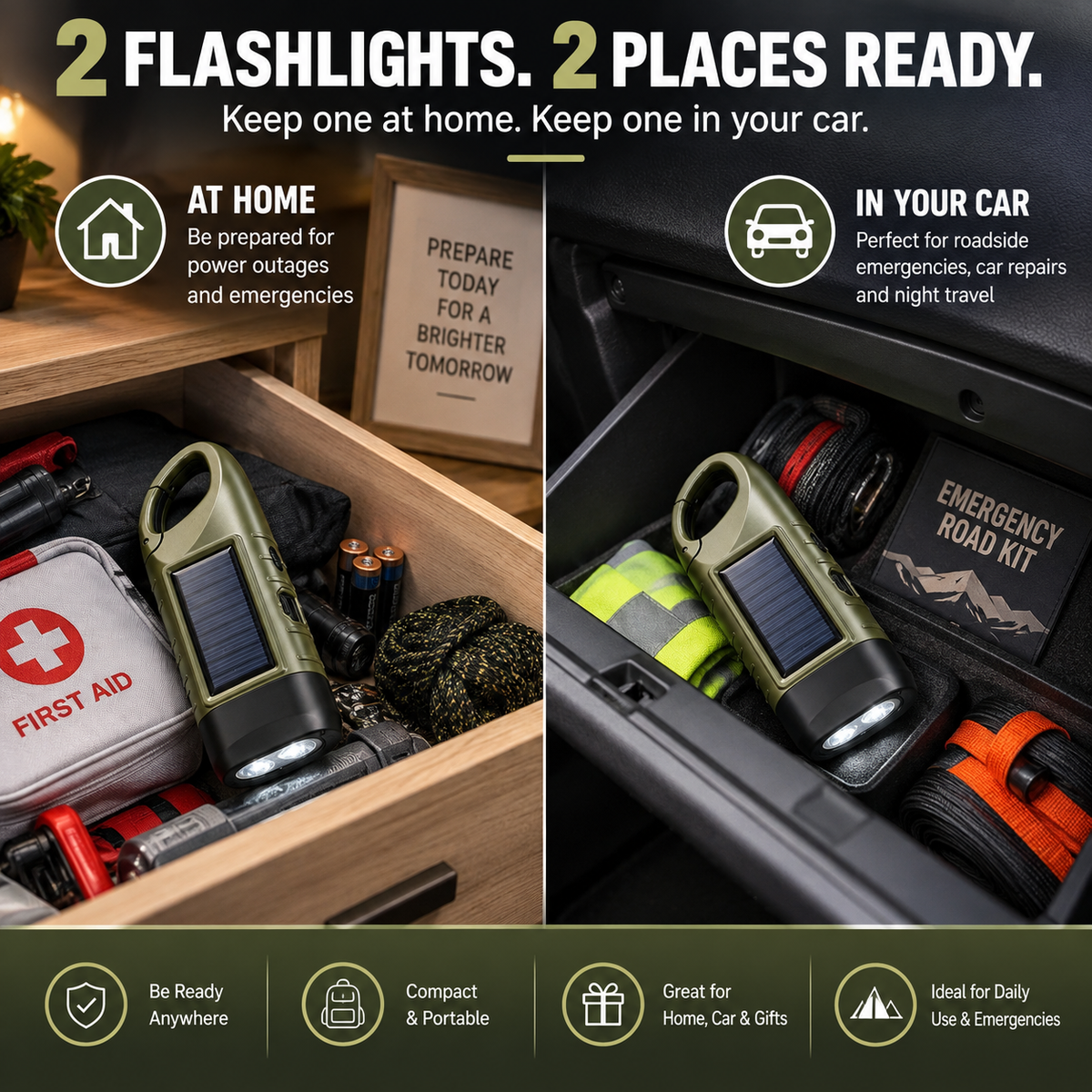 Solar Hand Crank Emergency Flashlights USB-C Rechargeable Outdoor Lights