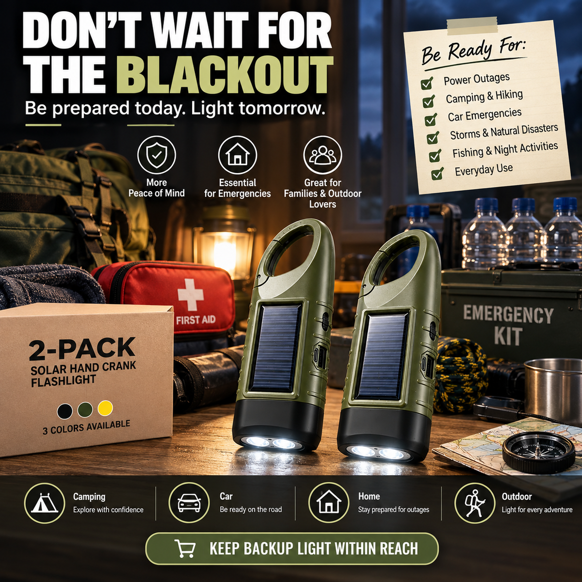 Solar Hand Crank Emergency Flashlights USB-C Rechargeable Outdoor Lights