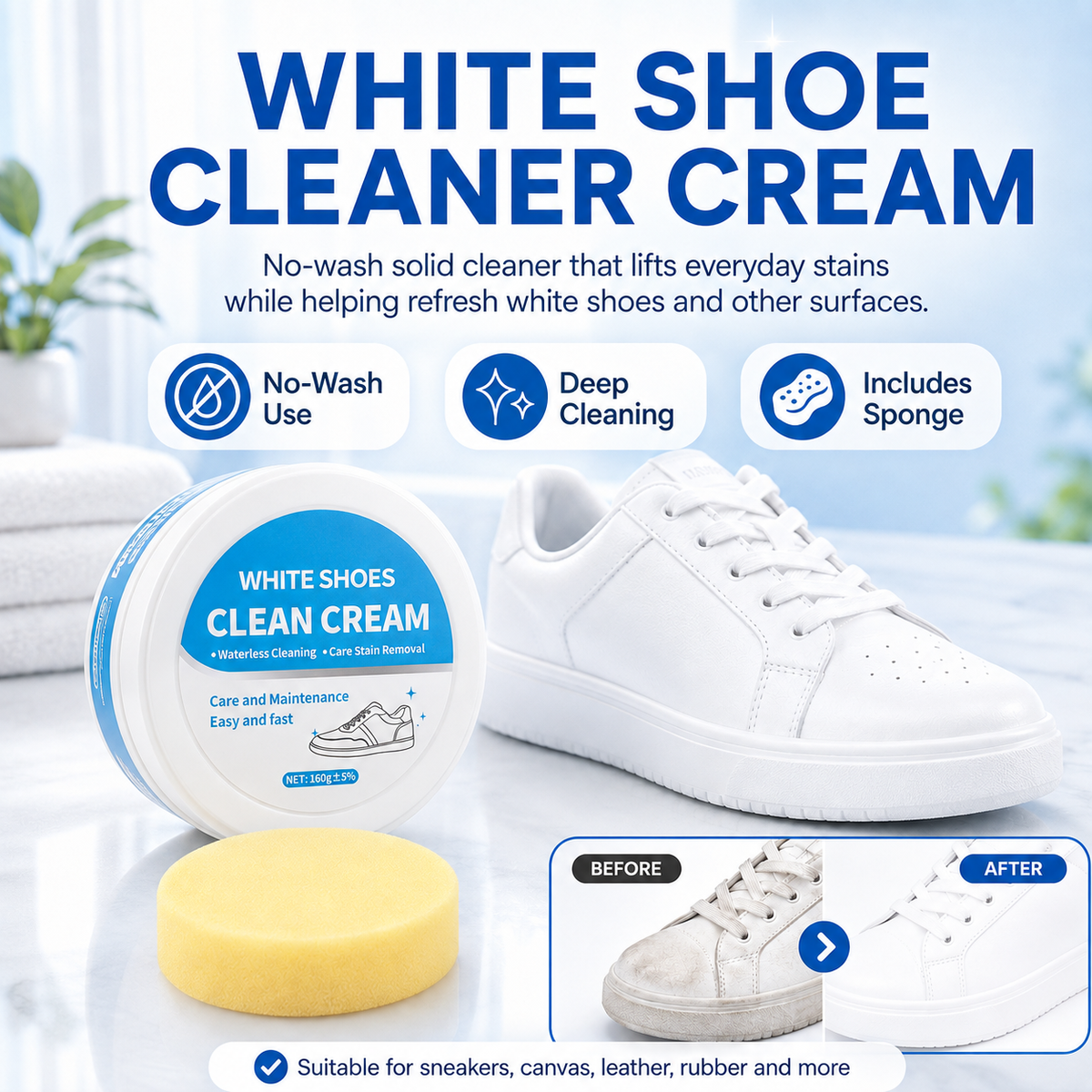 Multi-Purpose No-Wash Cleaner Cream | Stain-Removing Solid for Sneakers, Leather & Car Interiors