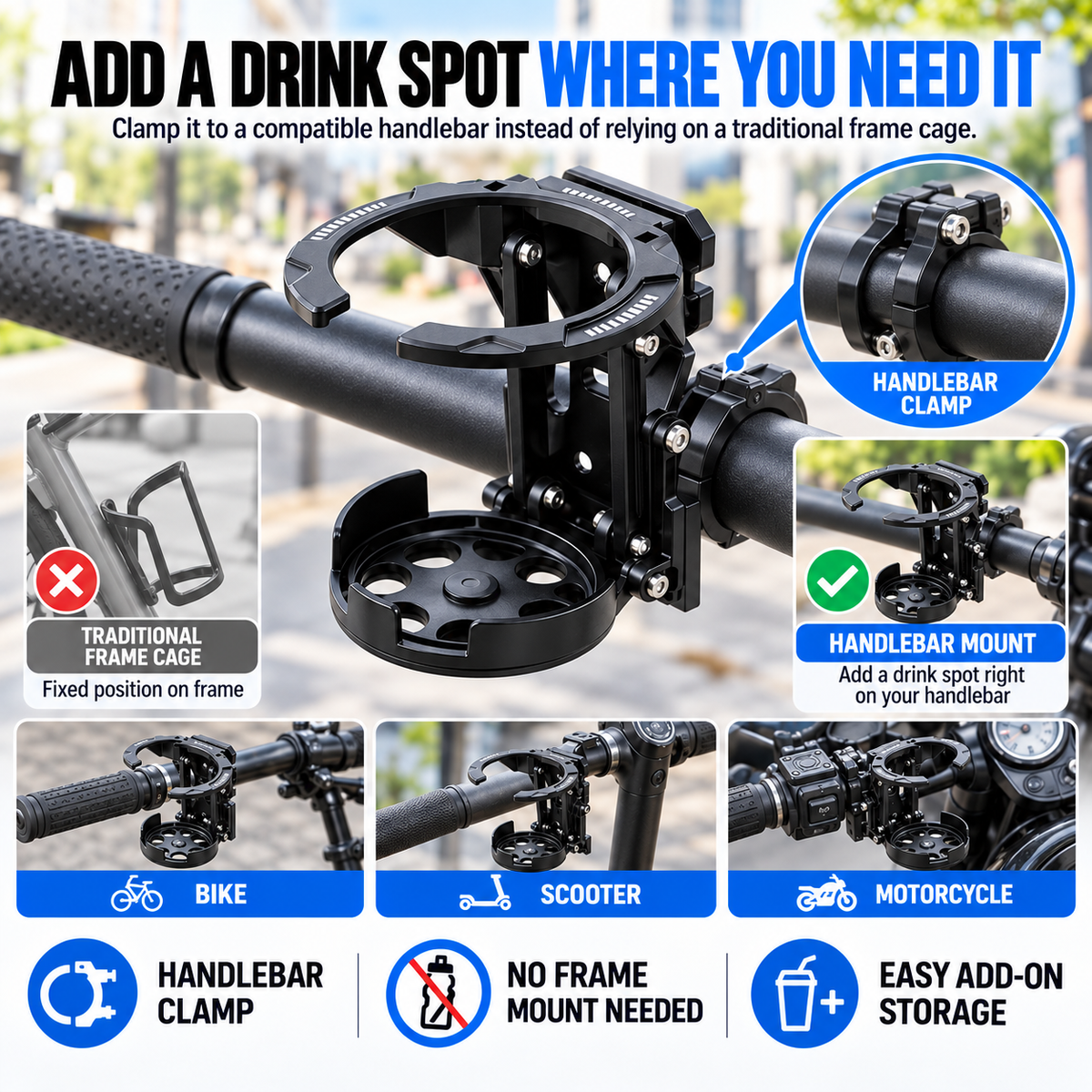Foldable & Adjustable Handlebar Drink Holder