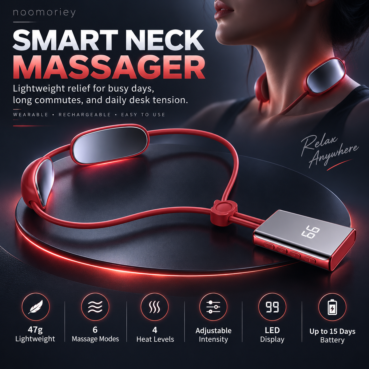 Mini Heated Neck Massager Necklace 4 Modes, 9 Intensity Levels & Dual-Pulse Relaxation