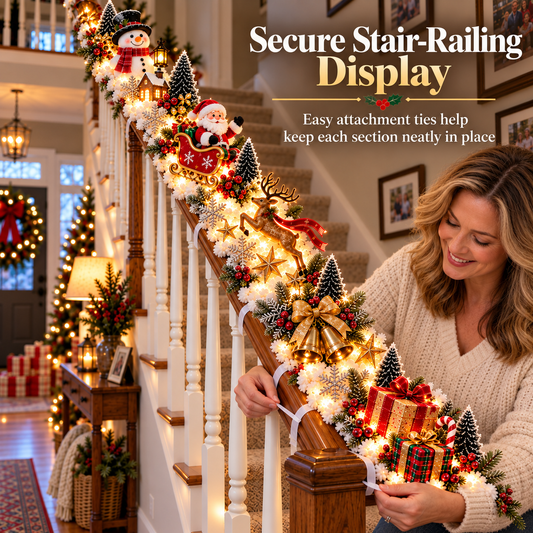 Santa s Sleigh Snowy Stair Railing Decor | Pre-Lit Christmas Banister Garland