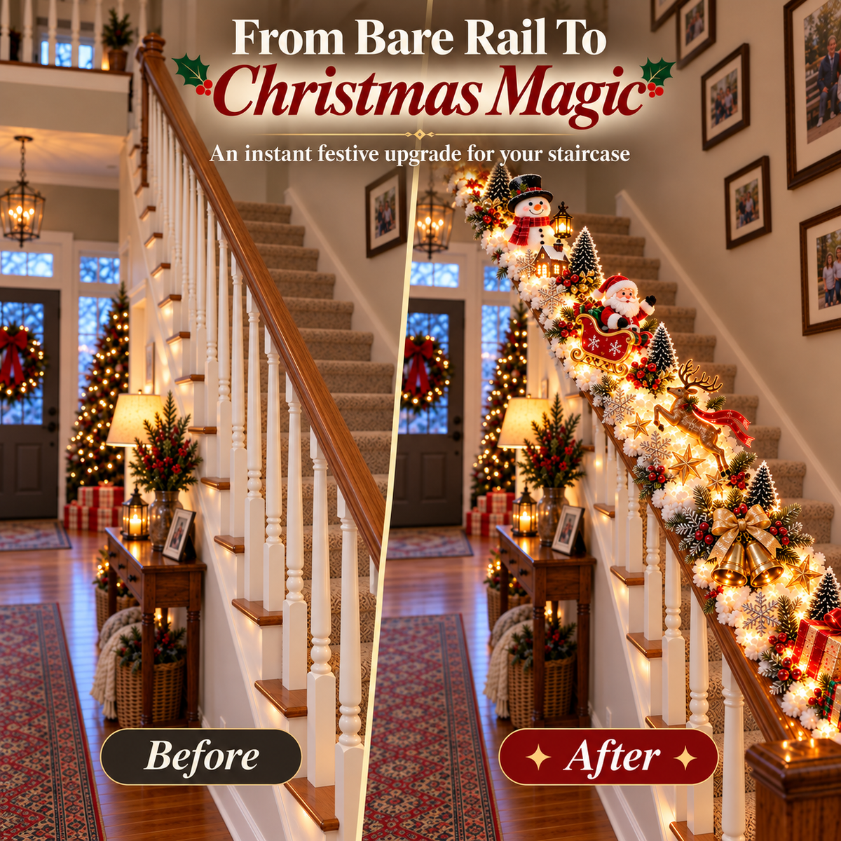 Santa s Sleigh Snowy Stair Railing Decor | Pre-Lit Christmas Banister Garland