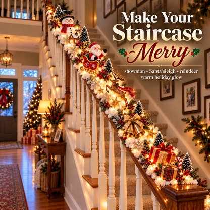 Santa s Sleigh Snowy Stair Railing Decor | Pre-Lit Christmas Banister Garland