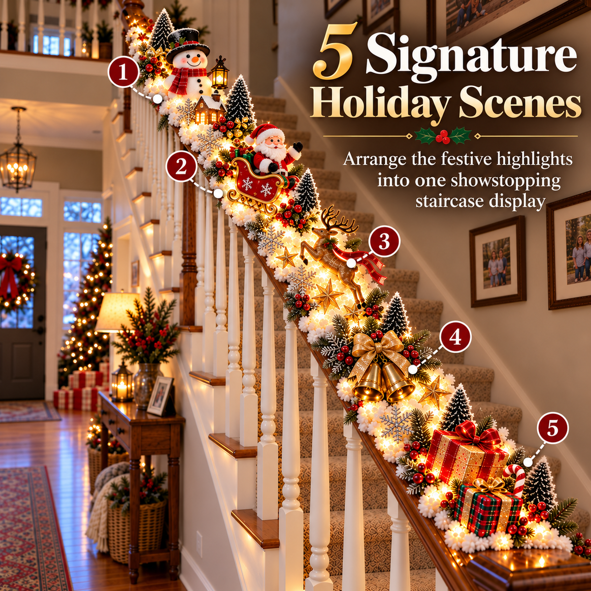 Santa s Sleigh Snowy Stair Railing Decor | Pre-Lit Christmas Banister Garland