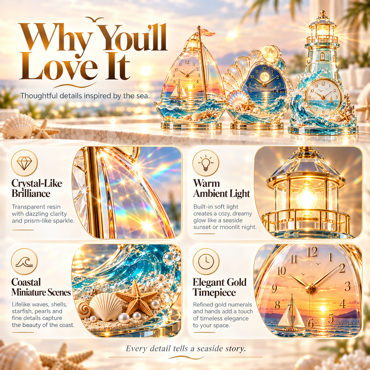 Coastal Glow Crystal Clock Collection | Sailboat, Shell & Lighthouse