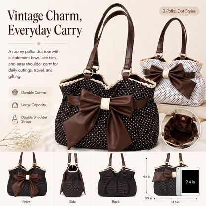 Women's Casual Shoulder Tote Polka Dot Print, Big Bow Detail, Large Capacity for Gym & Outdoors