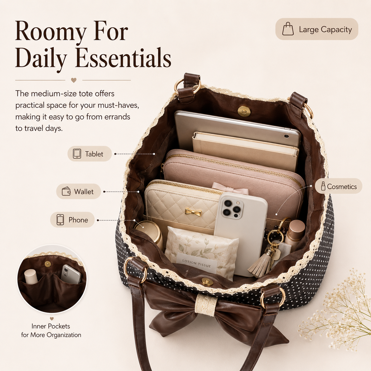 Women's Casual Shoulder Tote Polka Dot Print, Big Bow Detail, Large Capacity for Gym & Outdoors