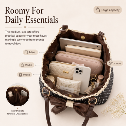 Women's Casual Shoulder Tote Polka Dot Print, Big Bow Detail, Large Capacity for Gym & Outdoors