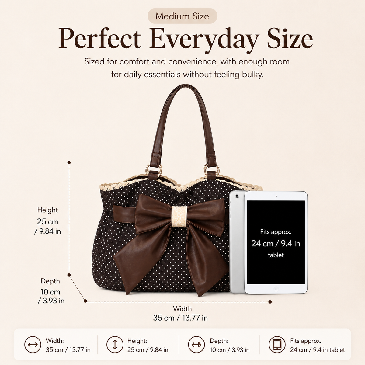 Women's Casual Shoulder Tote Polka Dot Print, Big Bow Detail, Large Capacity for Gym & Outdoors