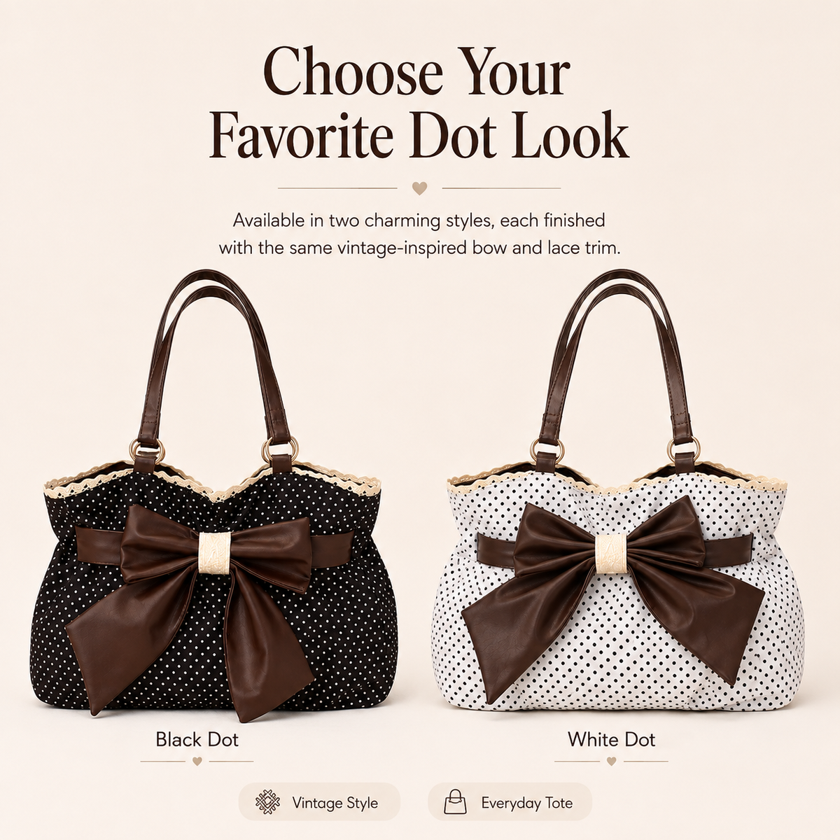 Women's Casual Shoulder Tote Polka Dot Print, Big Bow Detail, Large Capacity for Gym & Outdoors