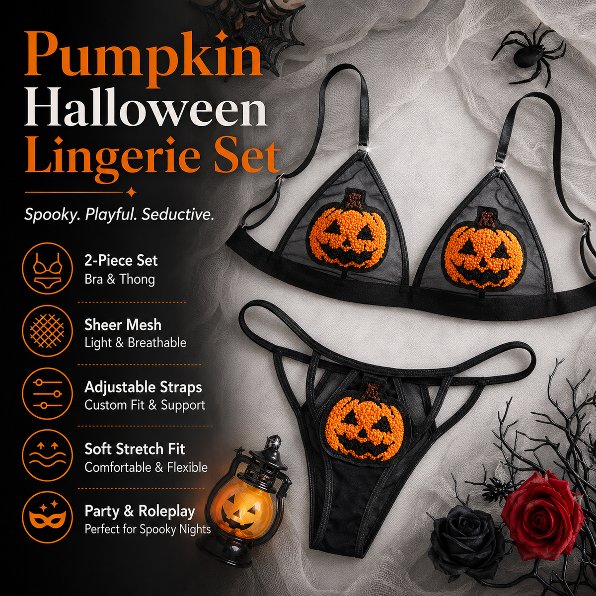 Sequin Pumpkin Sheer Lingerie Set Halloween Two-Piece Outfit