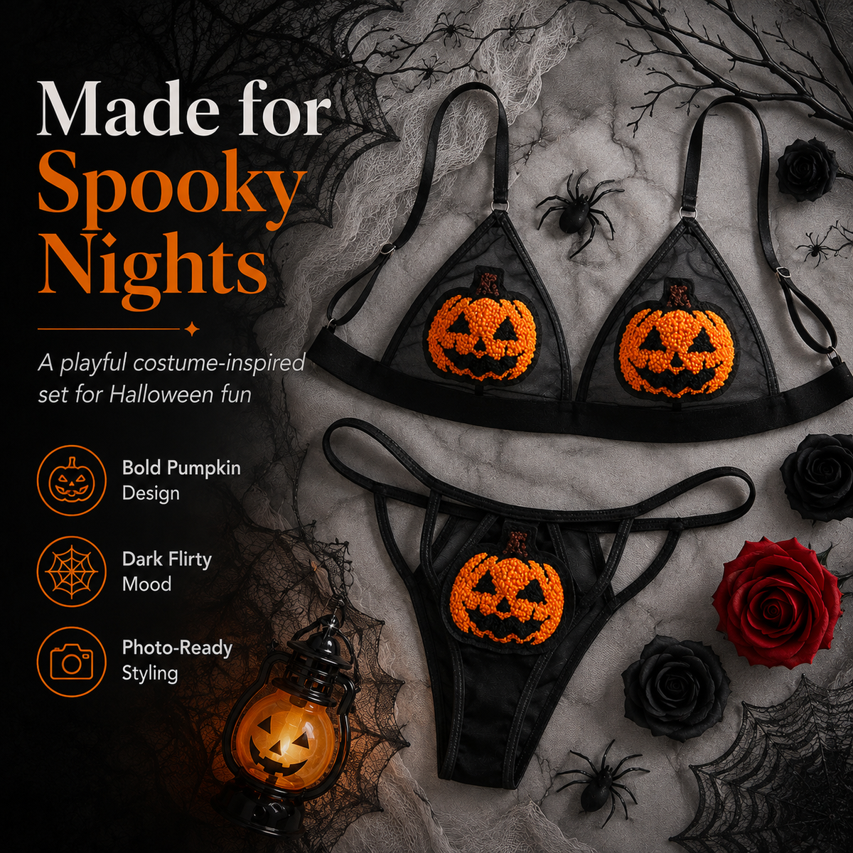 Sequin Pumpkin Sheer Lingerie Set Halloween Two-Piece Outfit