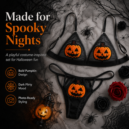 Sequin Pumpkin Sheer Lingerie Set Halloween Two-Piece Outfit