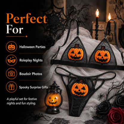 Sequin Pumpkin Sheer Lingerie Set Halloween Two-Piece Outfit