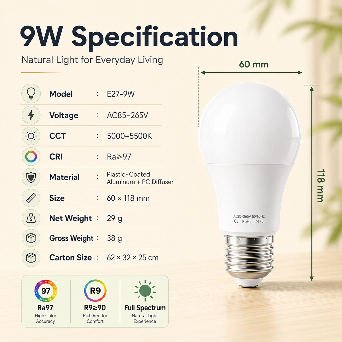 Ra97 Full Spectrum LED Bulb Natural Sunlight For Bright & Healthy Living Space