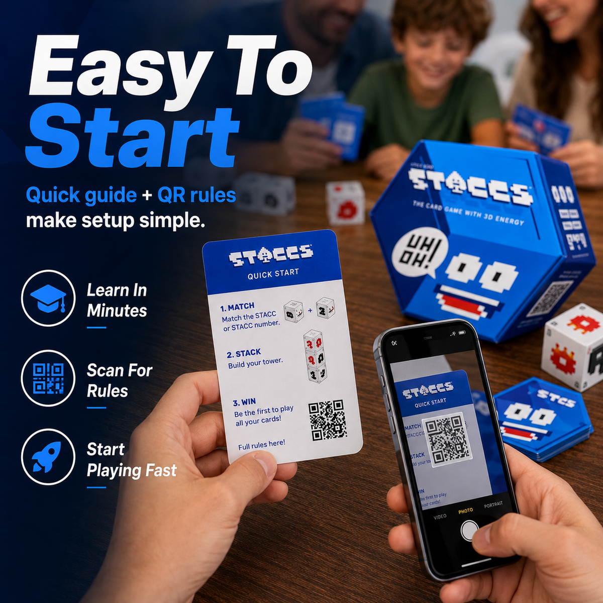 STACCS The Card Game with 3D Energy | Fast-Paced Stacking Strategy Party Game for Family & Adults Ages 8+