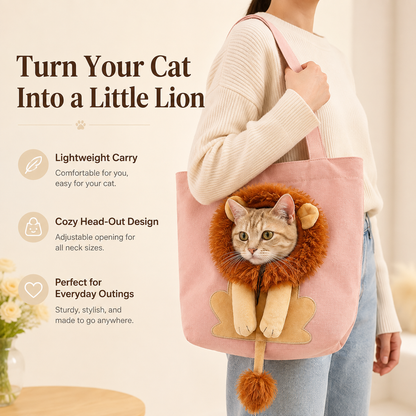 Lion-Shaped Pet Shoulder Bag Cute Canvas Cat Carrier with Adjustable Head Opening & Soft Plush Details