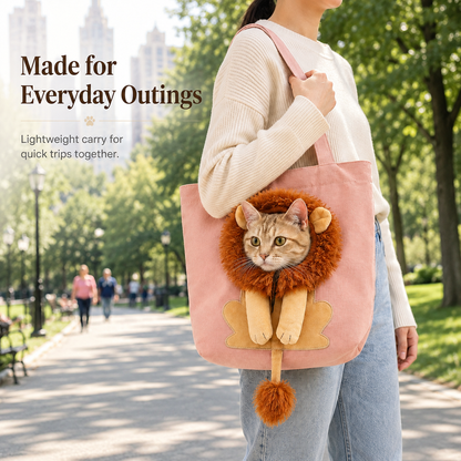Lion-Shaped Pet Shoulder Bag Cute Canvas Cat Carrier with Adjustable Head Opening & Soft Plush Details