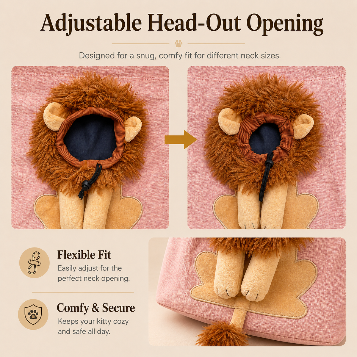 Lion-Shaped Pet Shoulder Bag Cute Canvas Cat Carrier with Adjustable Head Opening & Soft Plush Details